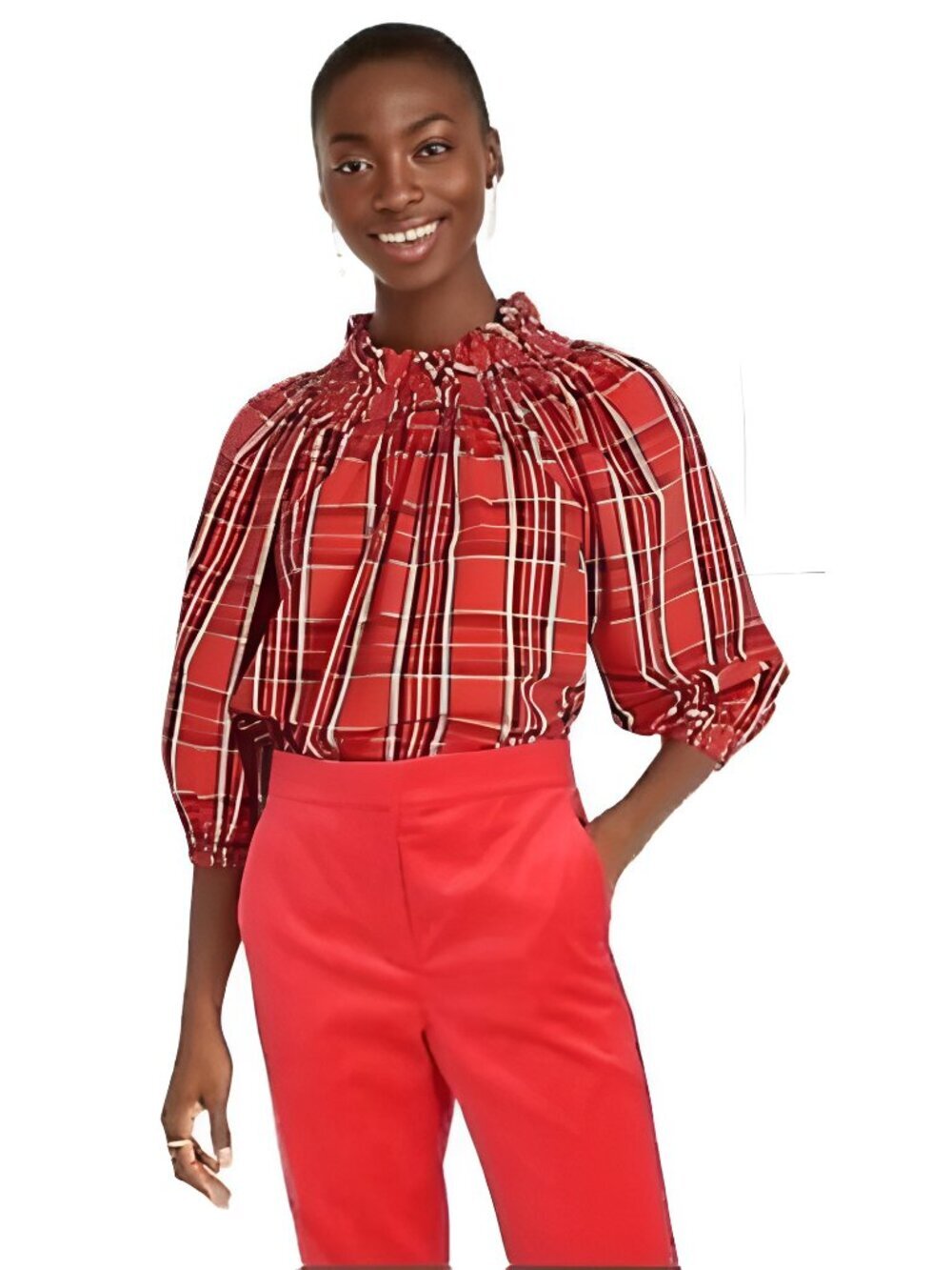 J. Crew Smocked-neck top in Good Tidings Plaid Small #A2853